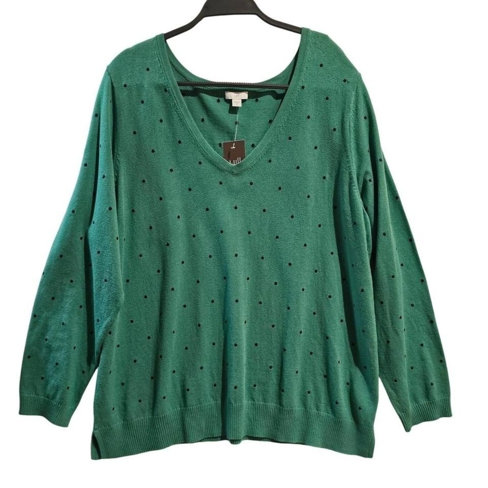J Jill Green Polka Dot V Neck Long Sleeve Casual Sweater Plus Size‎ 2X